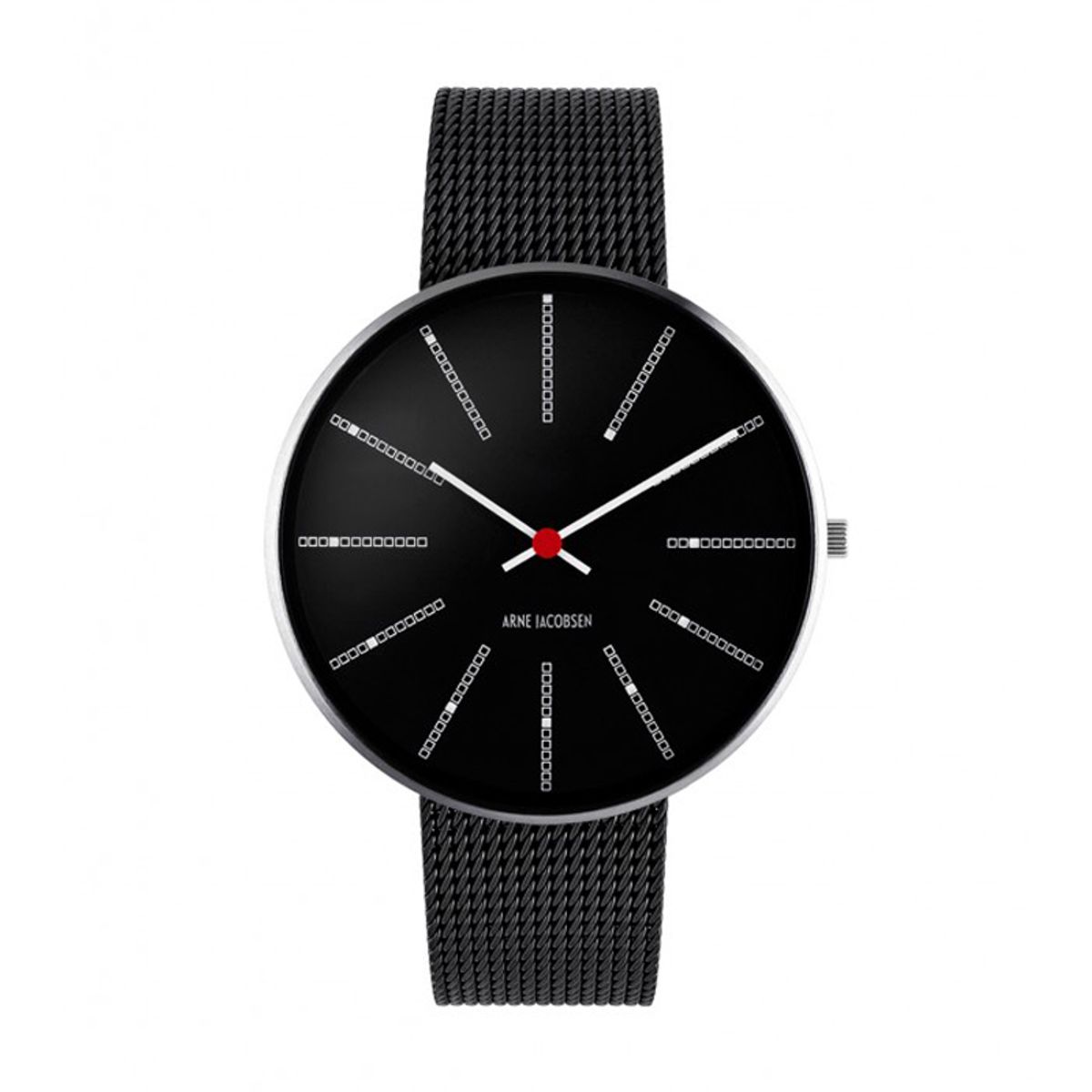 Arne Jacobsen Bankers Watch Unisexur, Sort skive ø 40mm med sort mesh lænke