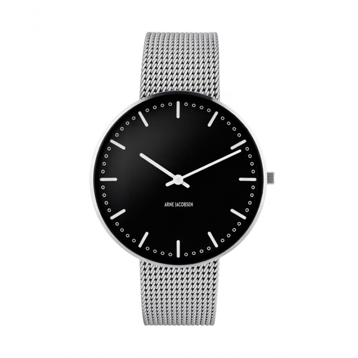 Arne Jacobsen City Hall Ø 40 mm armbåndsur, sort skive mesh lænke