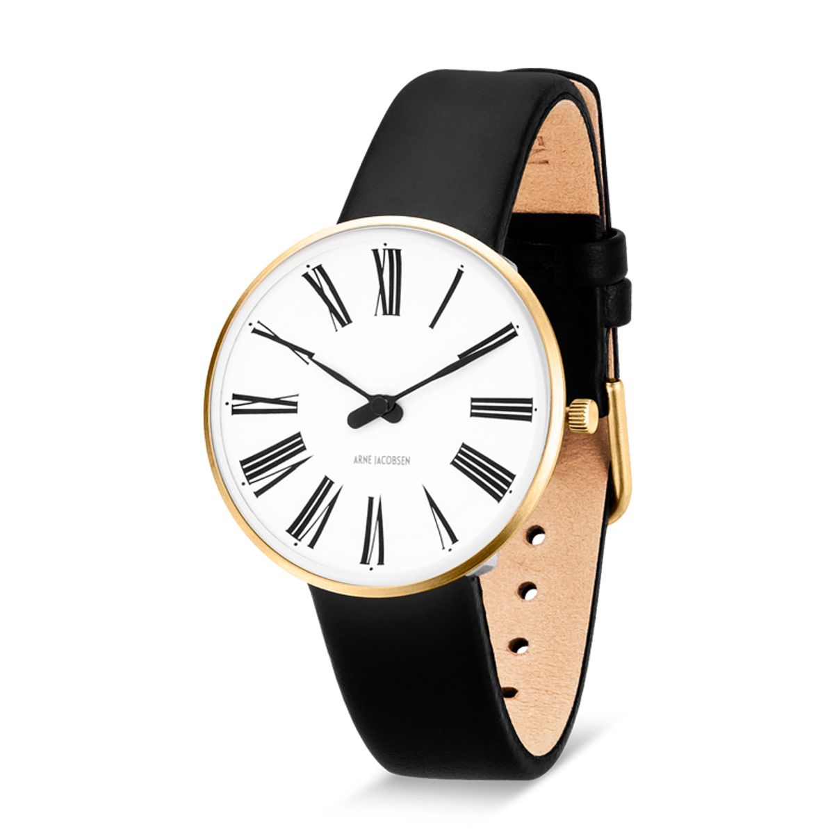 Arne Jacobsen Roman armbåndsur Ø34mm i guldfarvet med sort rem