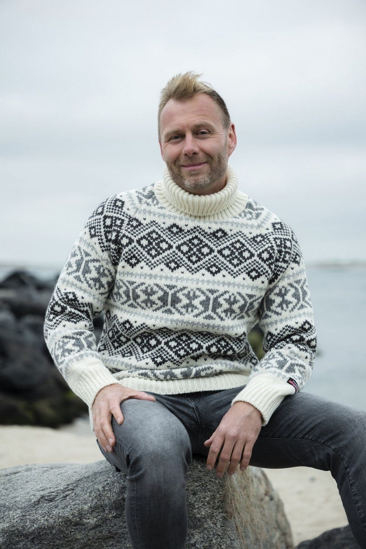 Charm - Islænder Sweater Af 100% Ren Uld - Hvid/Grå