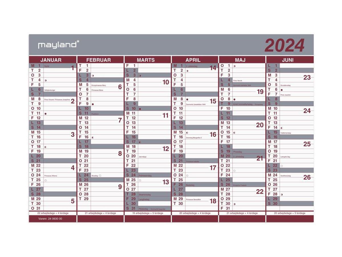 Kontorkalender Dobbelt Halvårskalender 2024