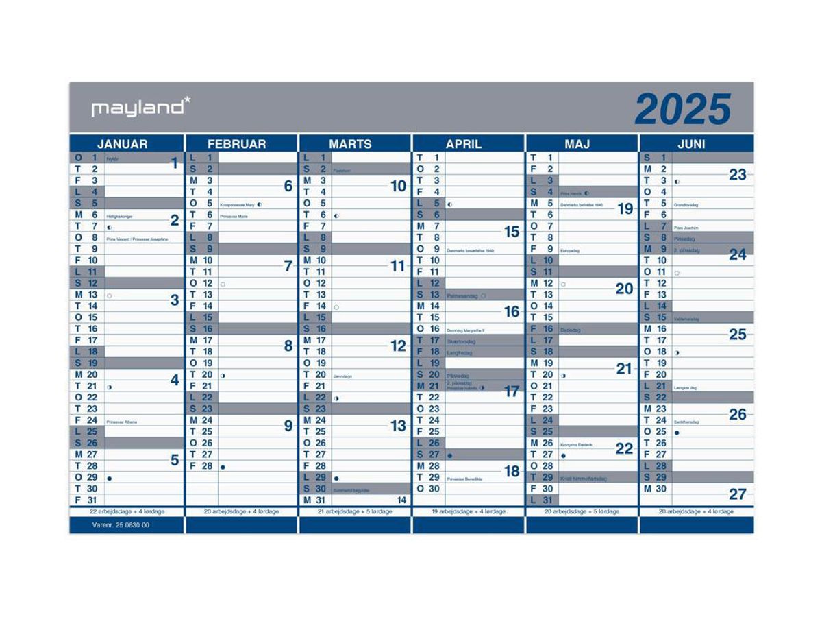 Kontorkalender Dobbelt Halvårskalender 2025