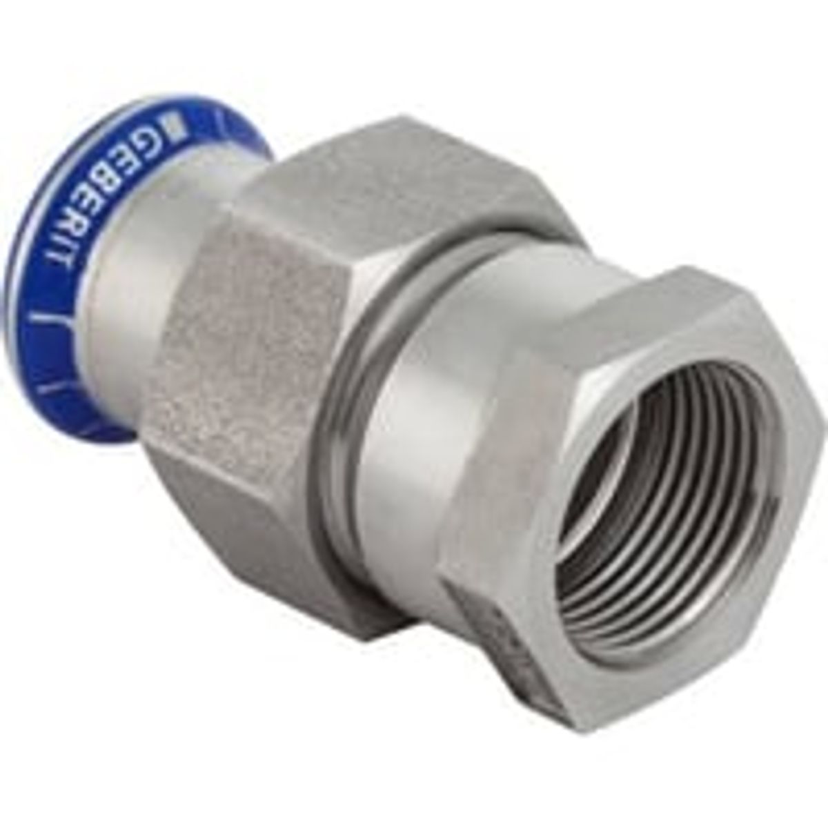 Mapress Rustfrit, 22 mm x ??" union (kromnikkelstl omlber) med overgang og flad pakning, presmuffe/muffe (Rp) - Geberit