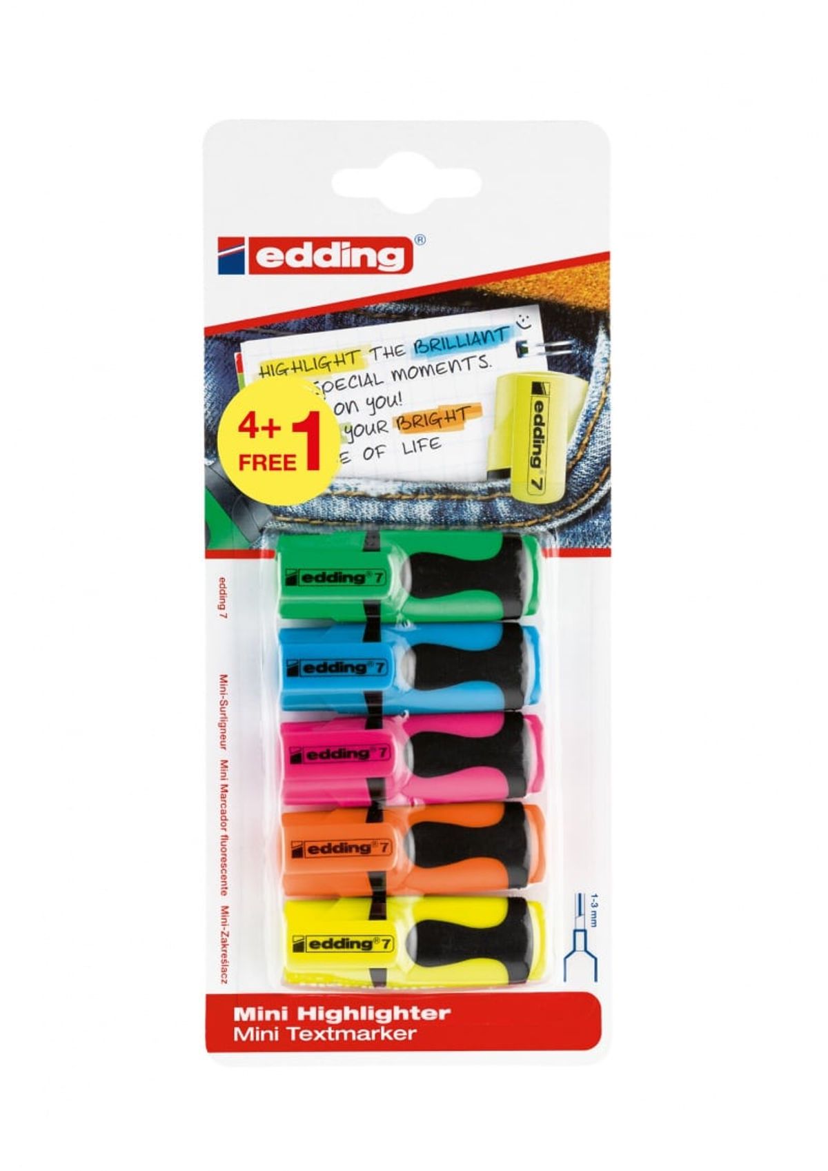 Mini highlightere EDDING e-7, 1-3mm, farvemix, 5 stk., blisterpakning.