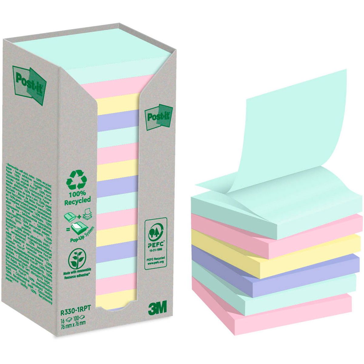 Post-it Recycled Z-notes 76 mm x 76 mm, flerfarvet