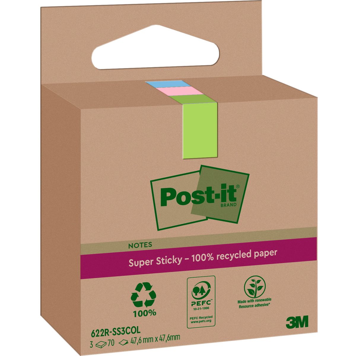 Post-it SS Recycled notesblok 47,6x47,6mm assorteret 3stk