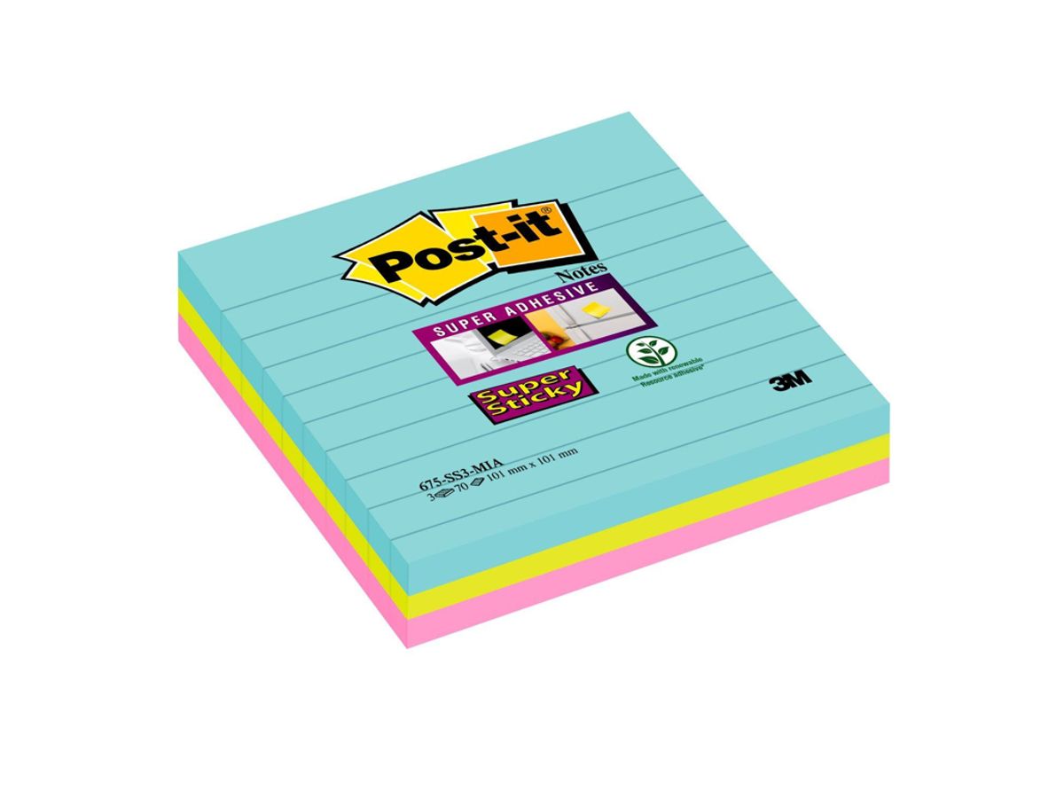 Post-it Super Sticky 101x101mm Linjeret ass 3 stk