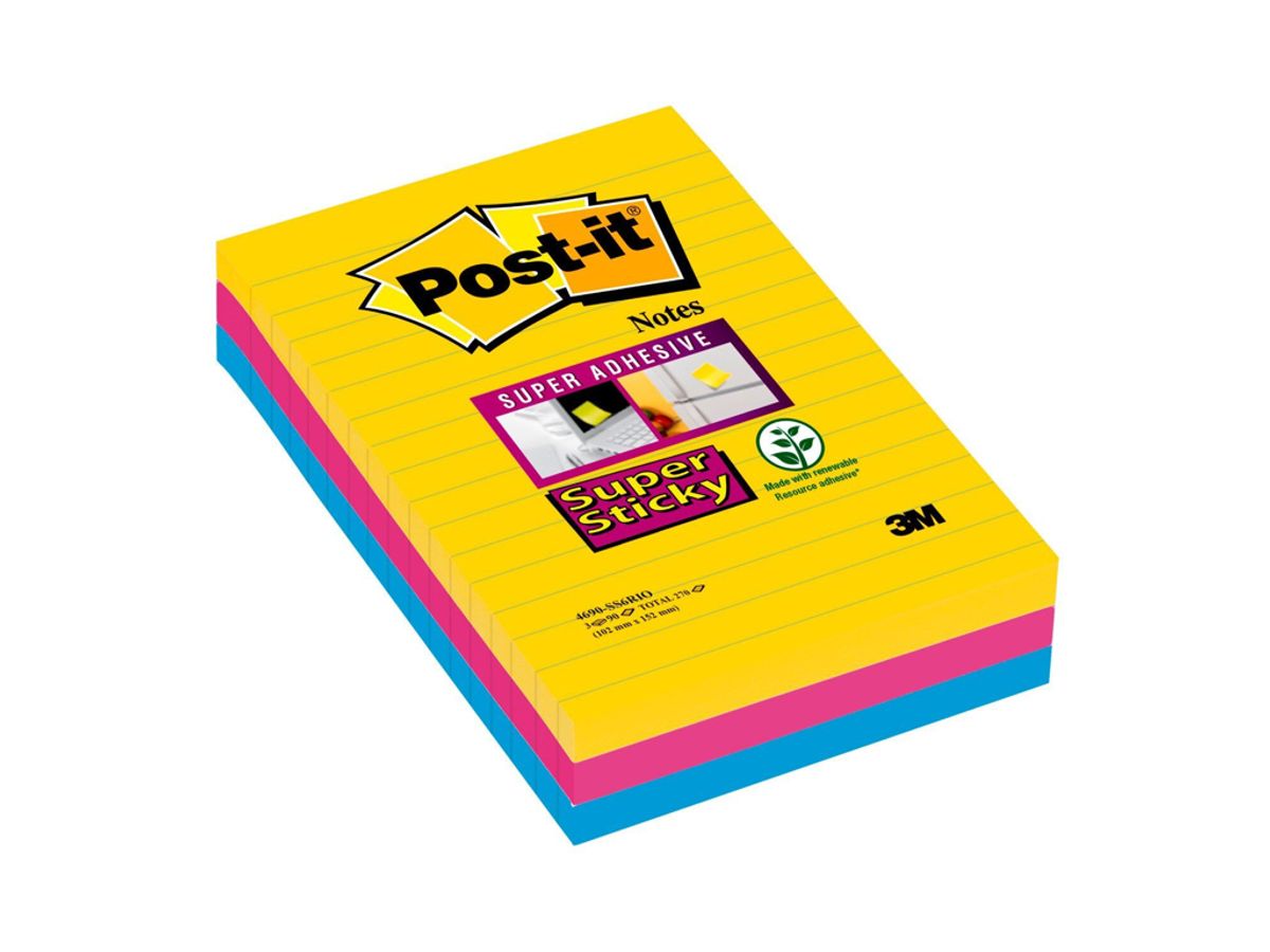 Post-it Super Sticky 101x152mm Linjeret ass 3 stk