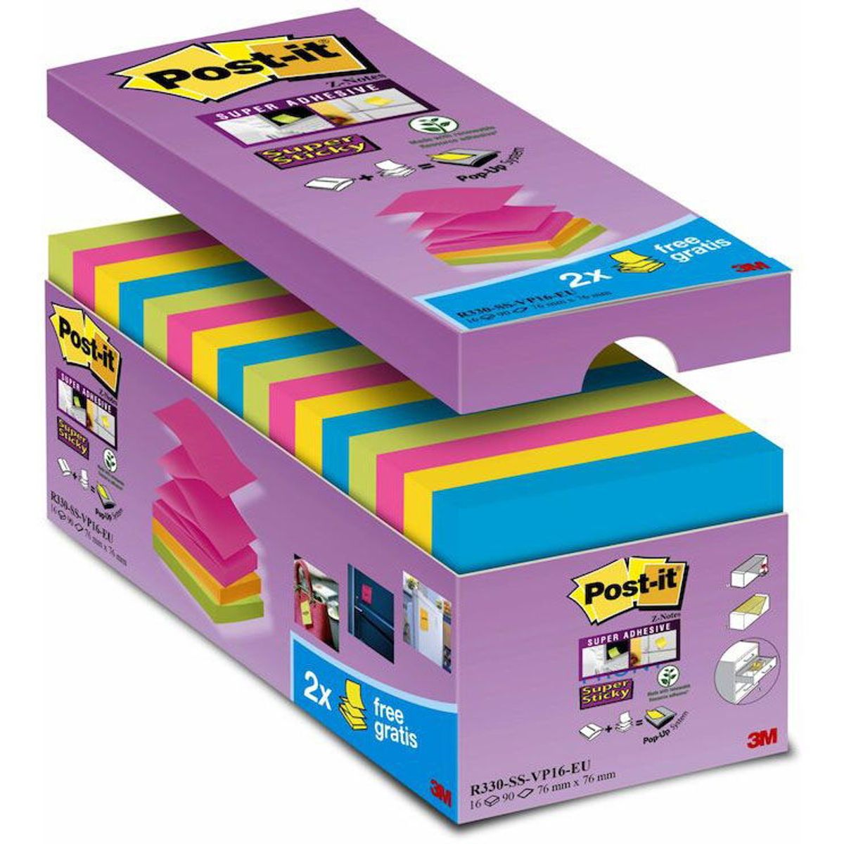 Post-it Super Sticky Z-notes tårnpakke 76 mm x 76 mm, neonregnbue