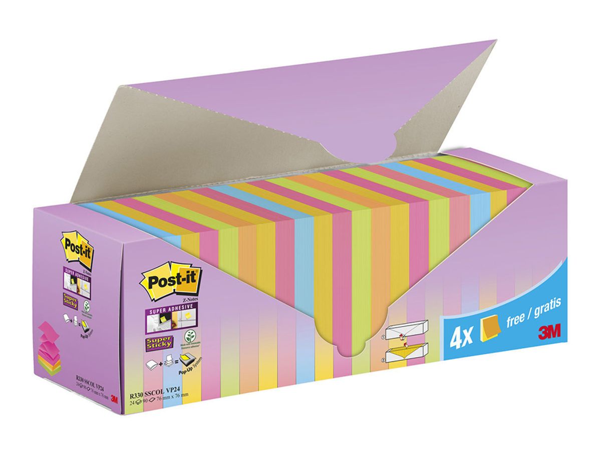 Post-it Z Super Sticky 76x76mm ass 24 stk (R330)