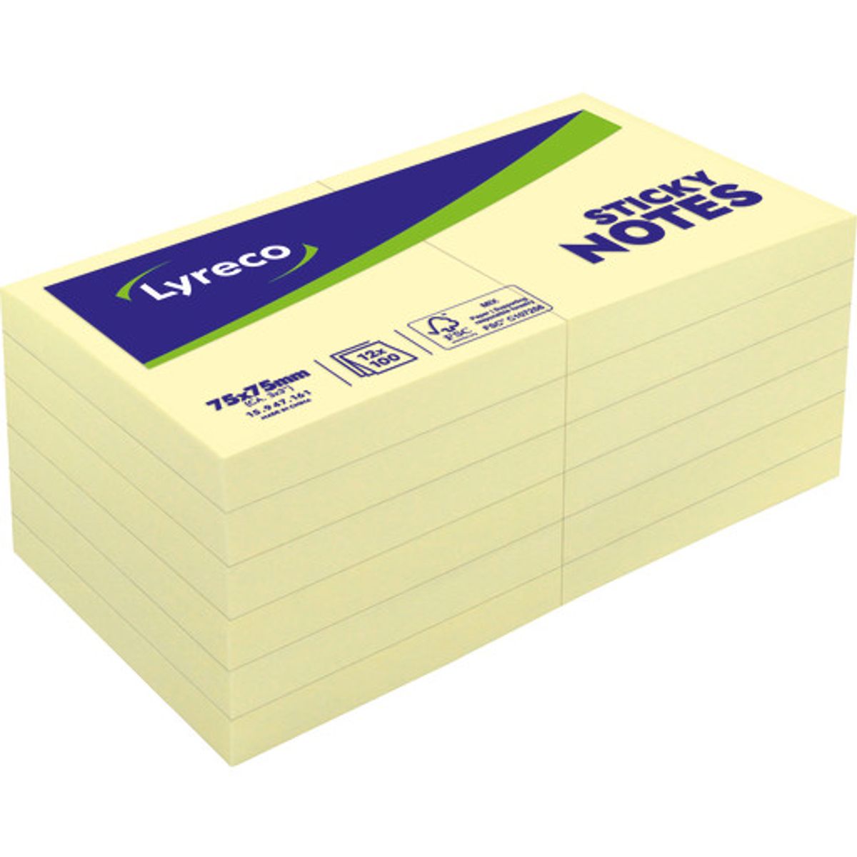 Sticky Notes Lyreco, gul, 75 x 75 mm, 12 stk.