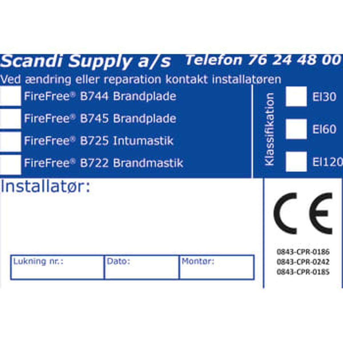 Scandi Supply Mærkat CE-Etiket til brandlukning B744-B745-B725-B722