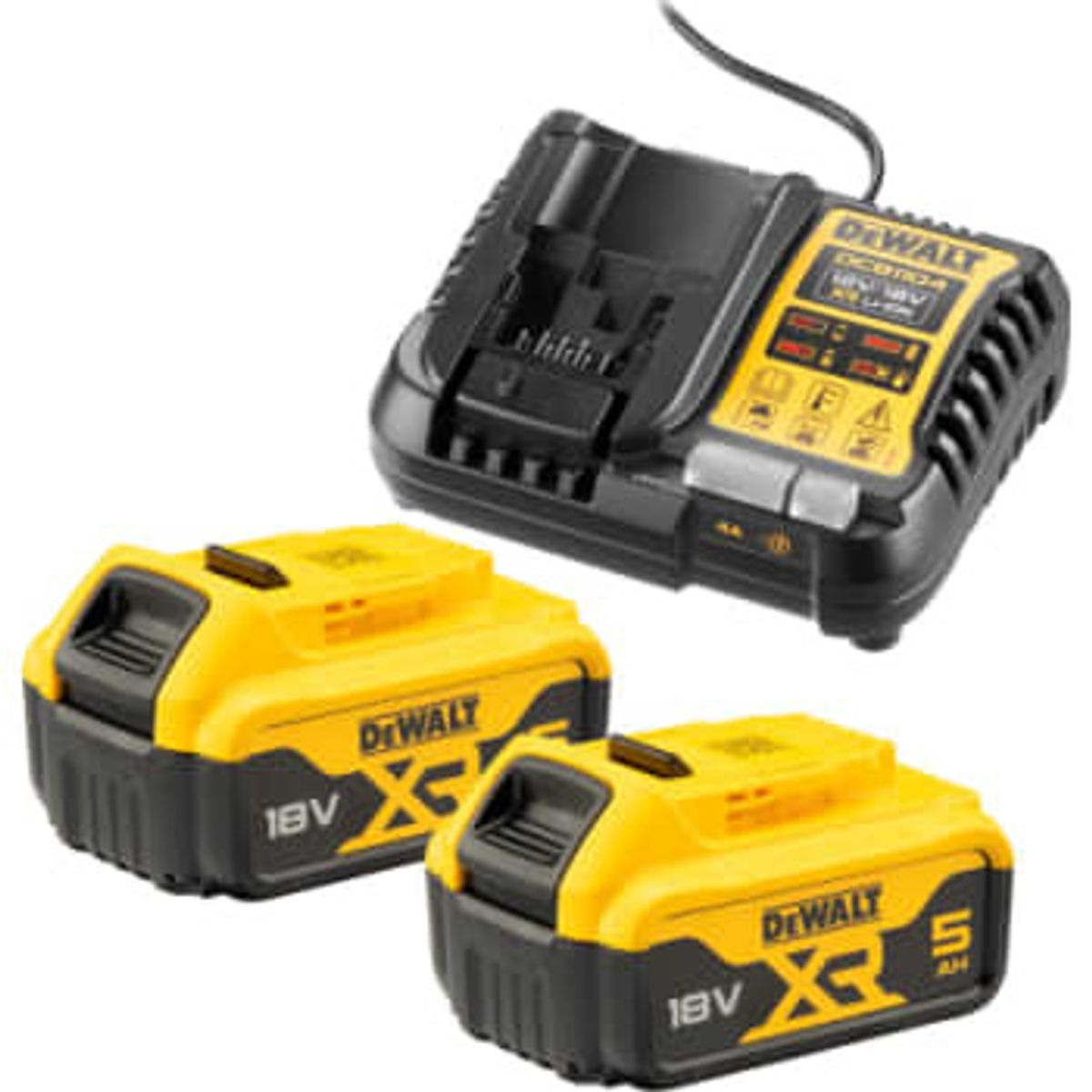 DEWALT 18V XR batterisæt, 2 x 18 V/5,0 Ah og lader