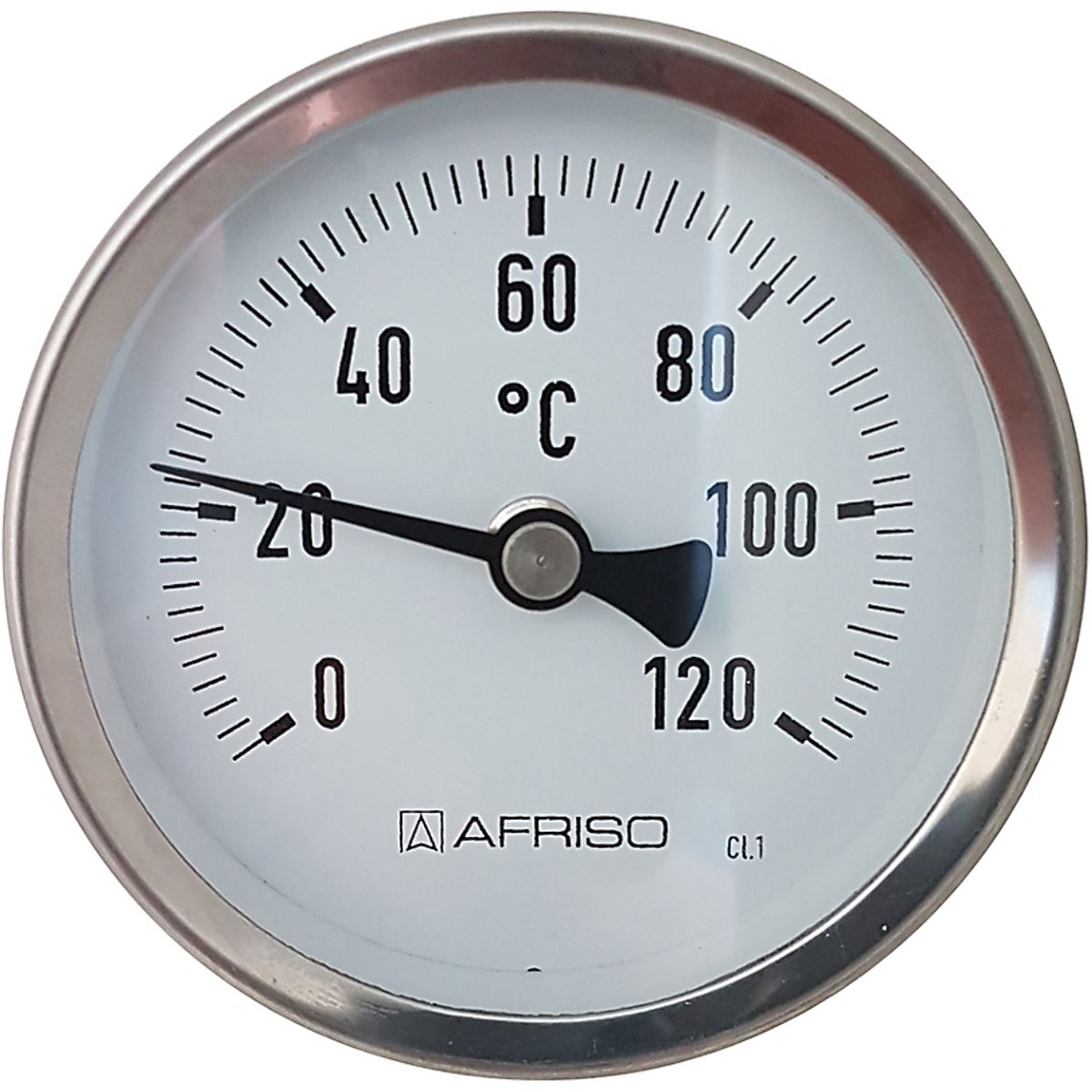 Erik Færgemann Termometer Ø83x150 mm, 0-120C. Rustfrit/Syrefast stål. Føler: Ø8 mm bagud, Nøjagtigh: Kl 1,0