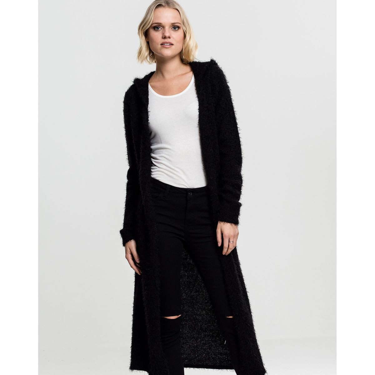 Urban Classics Dame Fjer-cardigan m. hætte Sort