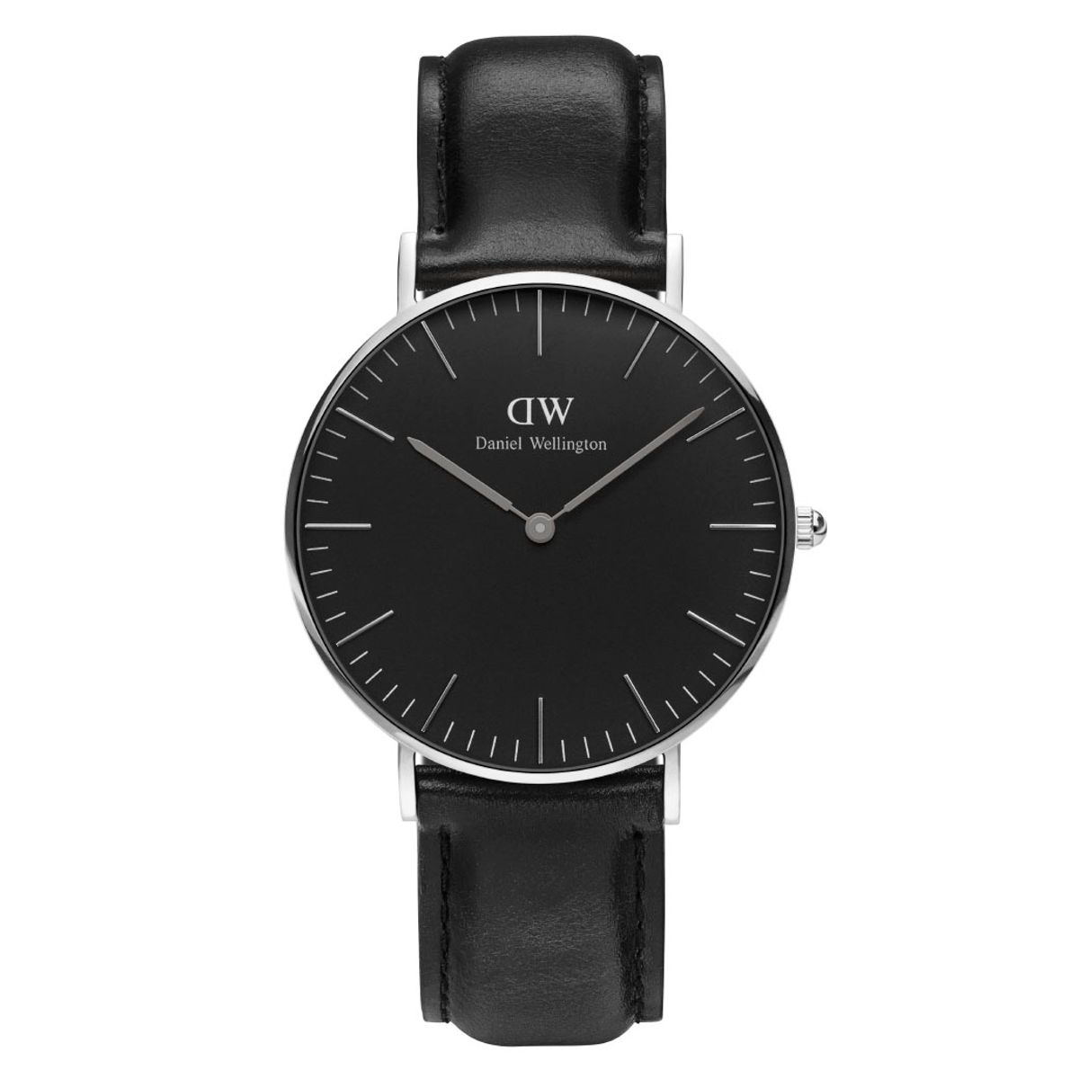 Daniel Wellington 36 mm Classic Black Sheffield i stål med sort skive og sort læderrem