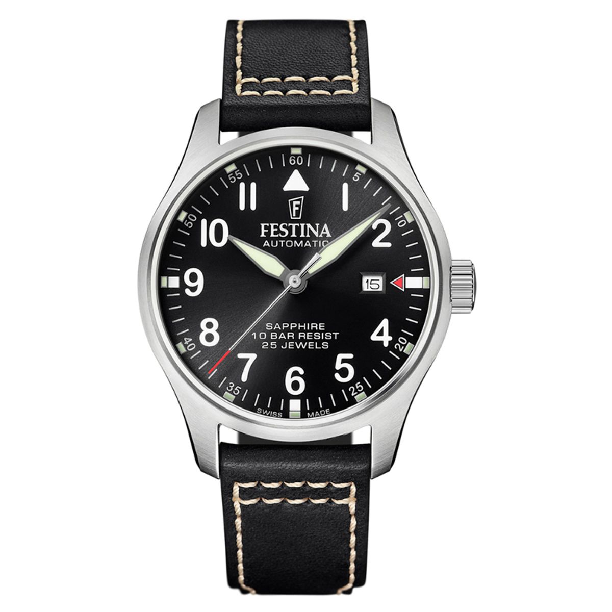 Festina Swiss Made Automatik herreur i stål med sort urskive