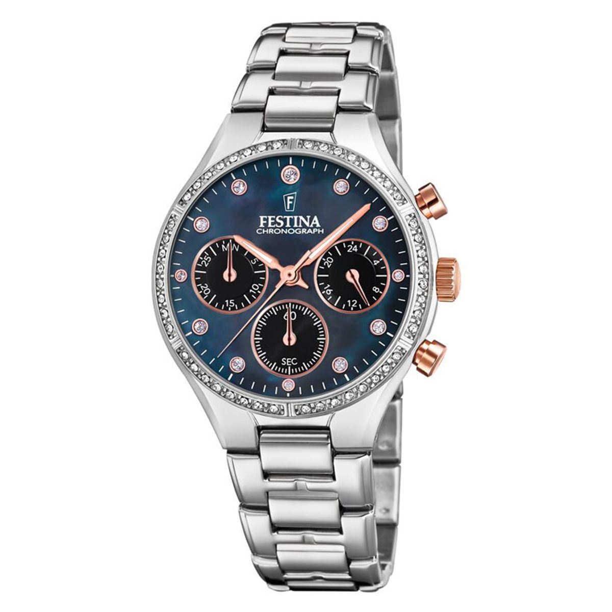 Festina chronograph armbåndsur i stål med sort perlemorsskive og cubic zirkonia