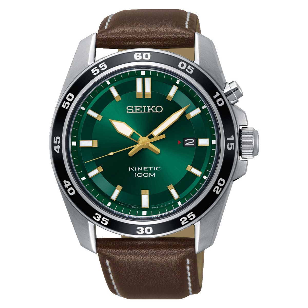 SEIKO Kinetic armbåndsur med grøn urskive og brun læderrem