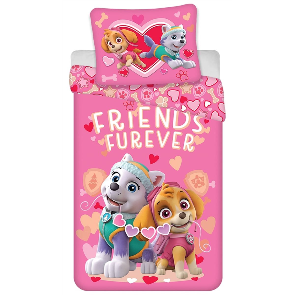 Lyserødt junior Sengetøj 100x140 cm - Paw Patrol sengesæt med Everest og Skye - 2 i 1 design - 100% bomuld