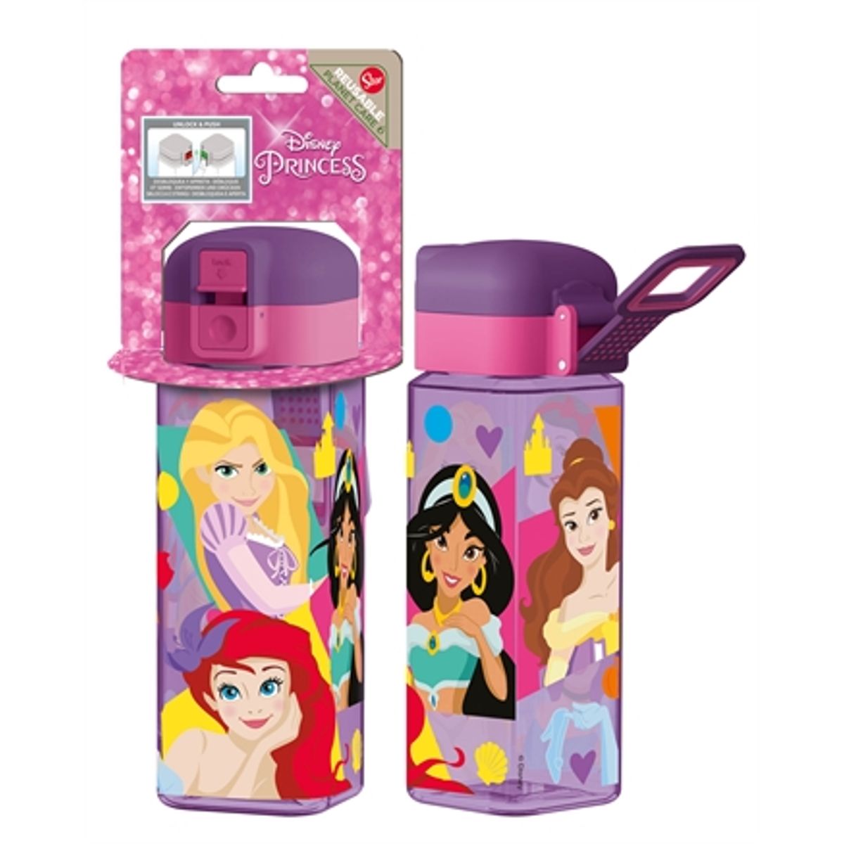 Disney Prinsesser drikkedunk - med låse flipfunktion - Snehvide, Rapunzel, Ariel, Jasmin, Belle og Askepot