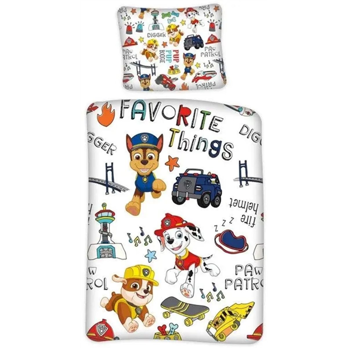 Sengetøj 150x210 cm - Paw Patrol sengetøj - Favorite things - 2 i 1 design - Sengesæt i 100% bomuld