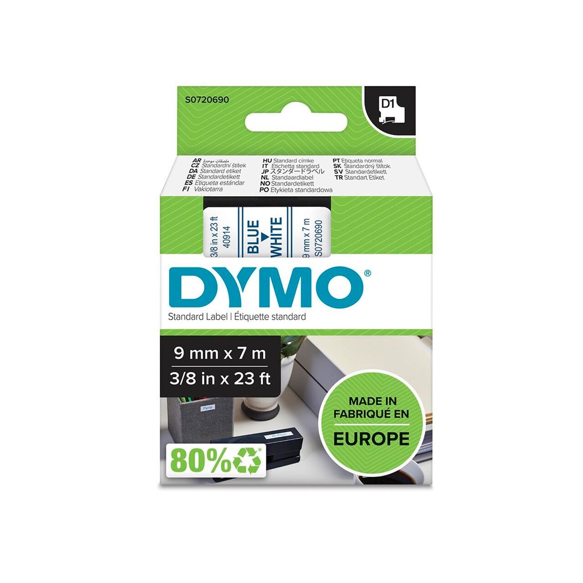 DYMO Labeltape D1 blå/hvid 9mm