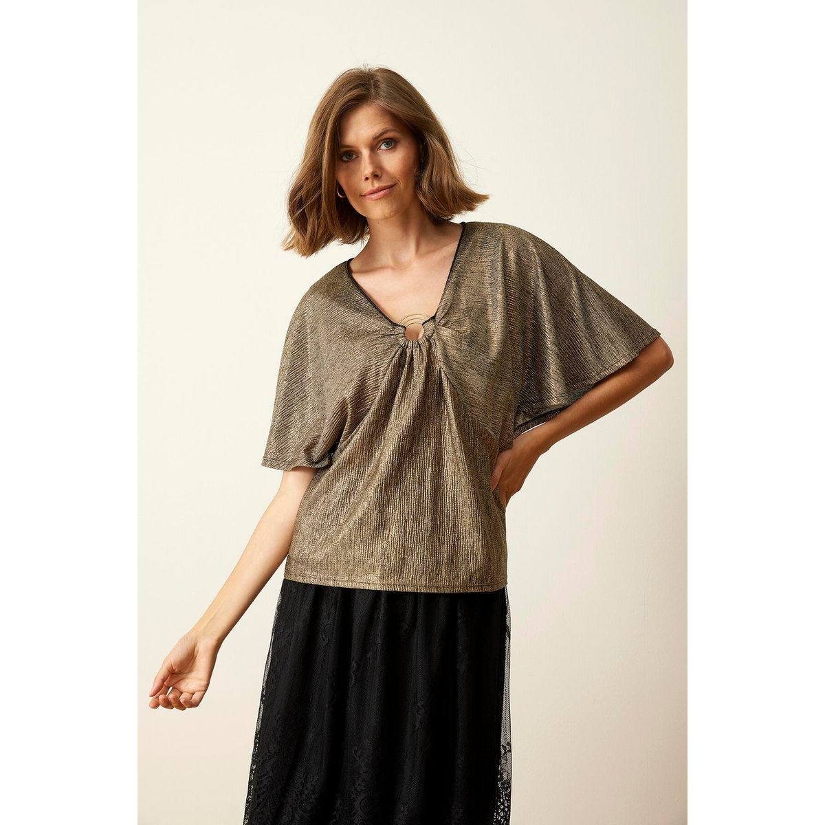 IN FRONT Papilur Bluse, Farve: Old Gold, Størrelse: XL, Dame