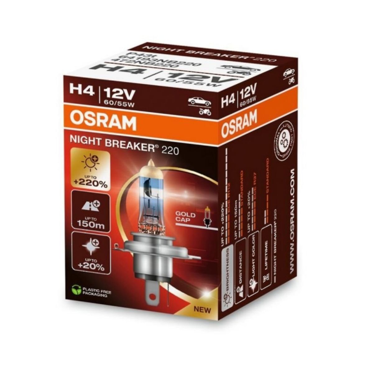 Osram Night Breaker ® 220, H4 pærer +220% mere lys (1 stk)