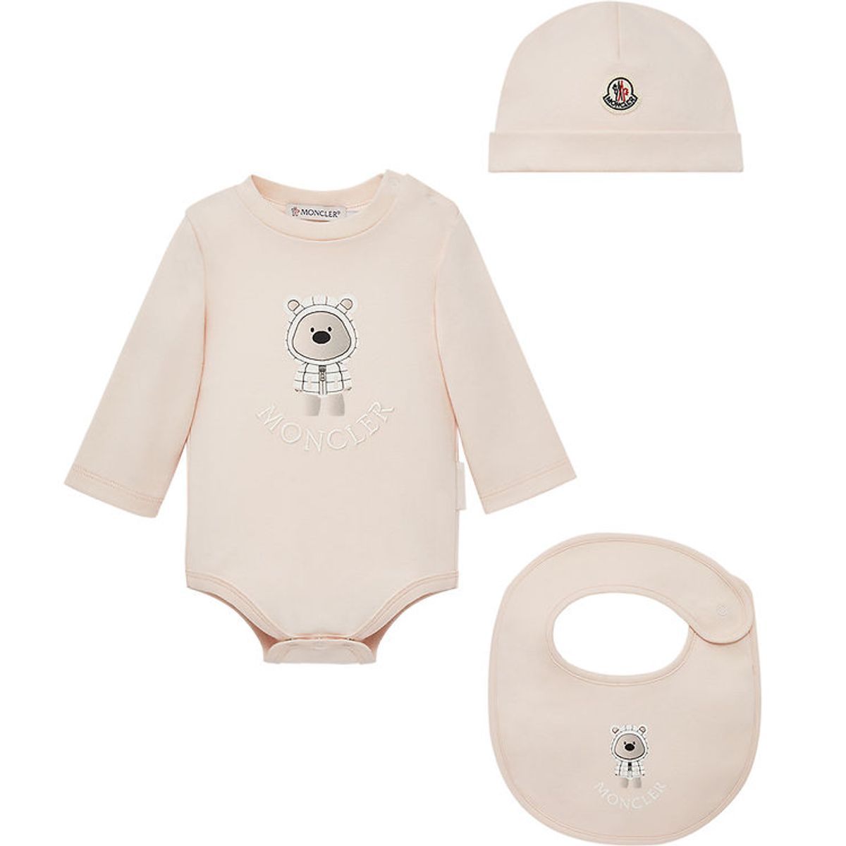 Moncler Sæt - Hue/Savlesmæk/Body l/æ - Light Pink m. Bamse