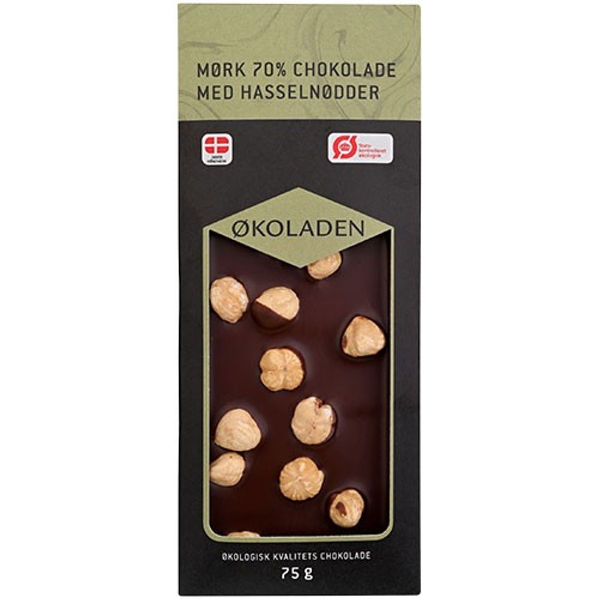 Mørk 70 % chokolade m. hasselnødder Økologisk - 75 gram