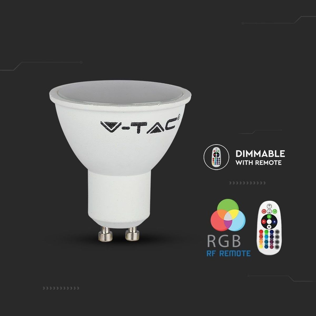 V-Tac 3,5W RGB LED pære - Med RF fjernbetjening, GU10 - Dæmpbar : Dæmpbar, Kulør : RGB + Varm Hvid