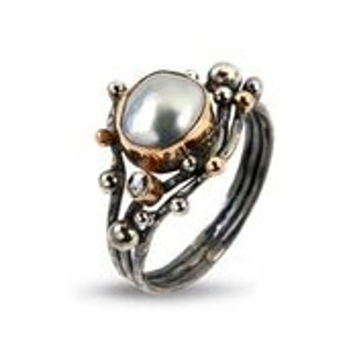 Urban Harlem Buds Sterling Sølv Ring fra By Birdie med 14 Karat Guld, Keshiperle og Brillanter 0,05 Carat