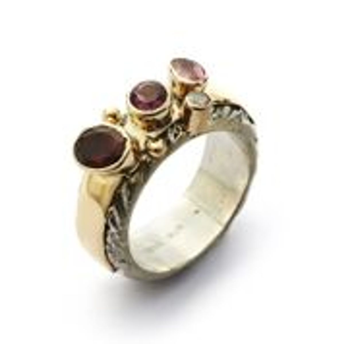 By Birdie Hammered Stone Red Mix Ring i Sterling Sølv med 14 Kt Guld og Brillant 0,05 Carat