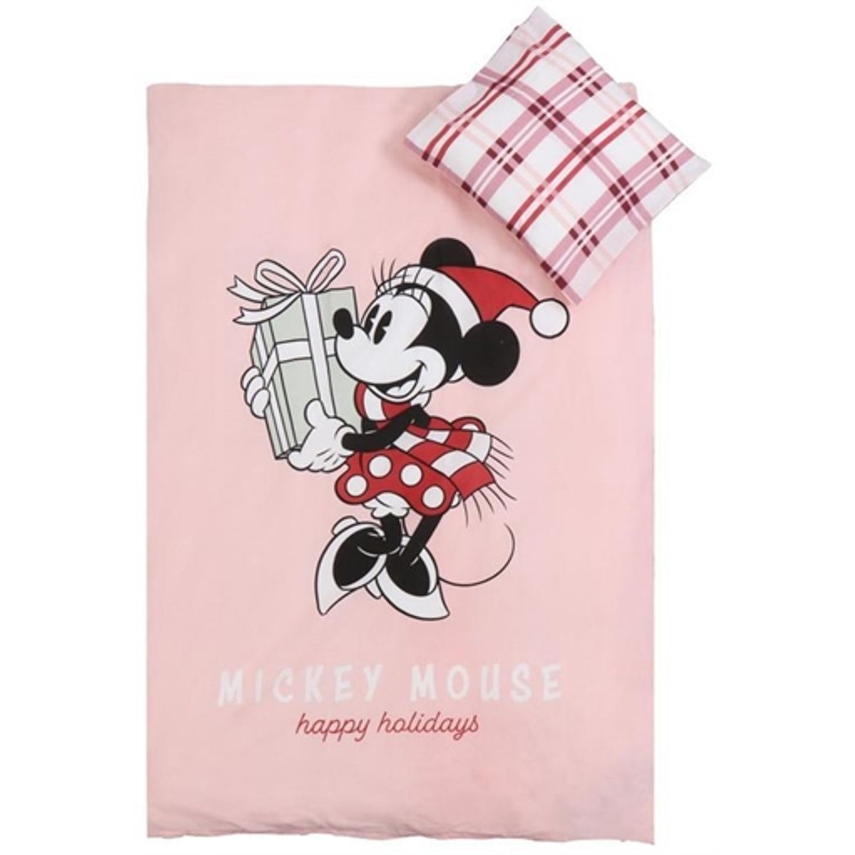 Julesengetøj junior - 100x140cm - 100% blødt bomuld - Minnie Mouse med julegave og nissehue