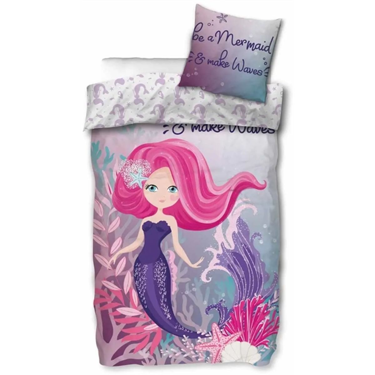 Junior havfrue sengetøj 100x140 cm - Be a mermaid - 2 i 1 design - 100% bomuld havfrue sengesæt