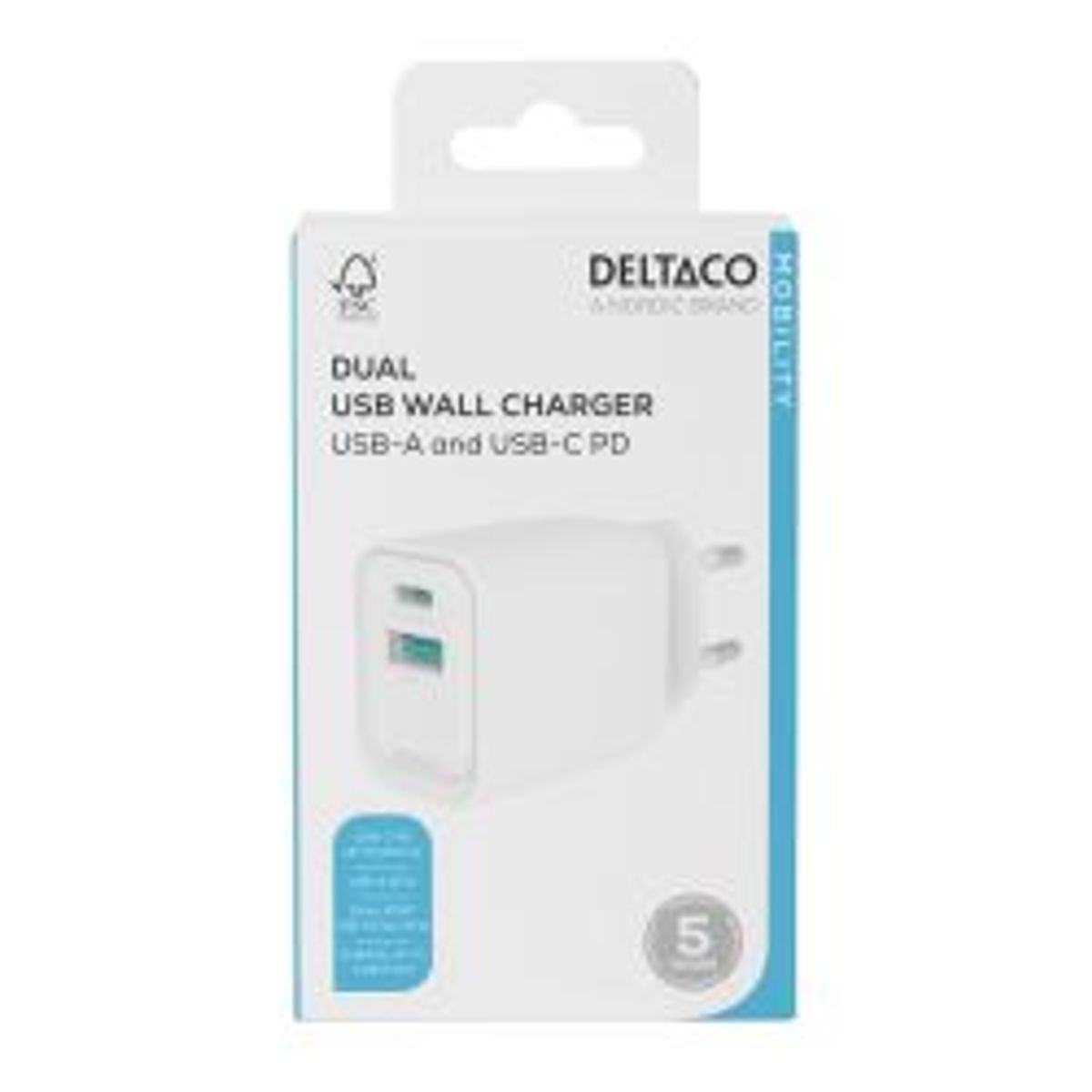 Deltaco Usb Wall Charger, 1x Usb-a 18 W, 1x Usb-c Pd 20 W, White - Oplader