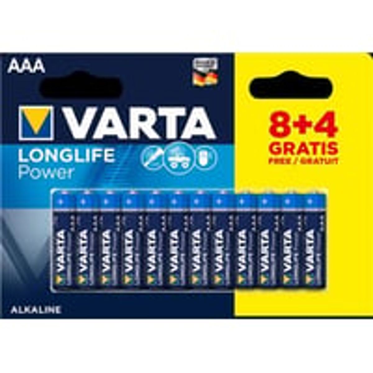 Batteri Alkaline AAA, 8+4 stk. - Varta