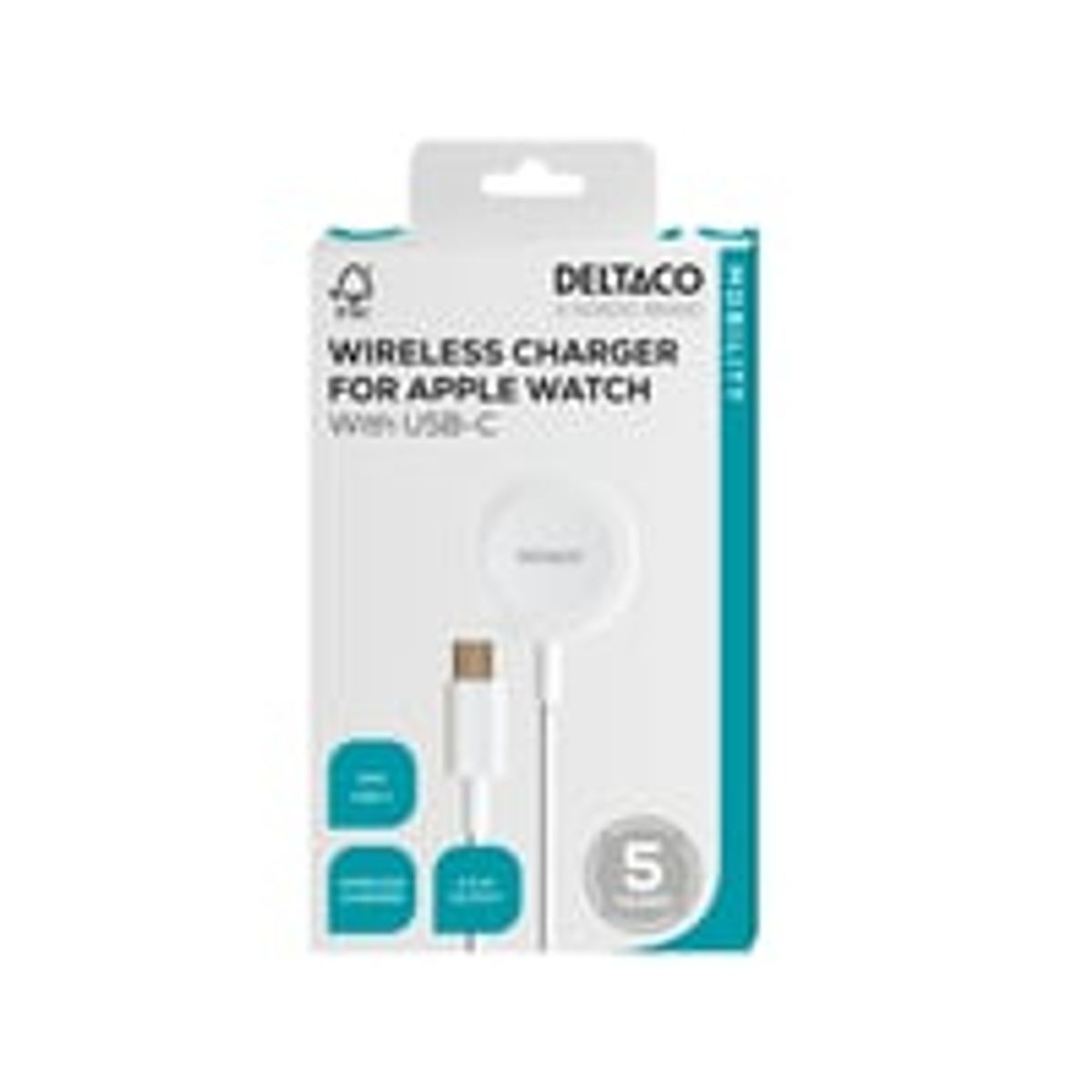 Apple Watch charger, USB-C, 1 m fixed cable - Deltaco