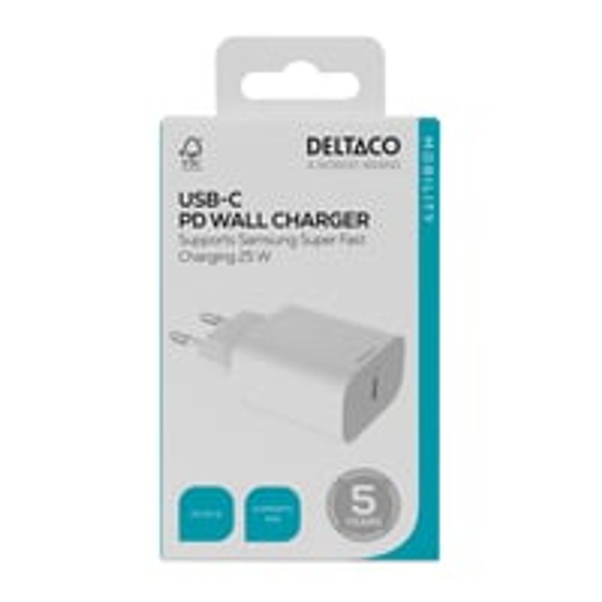 USB-C vglader, 1x USB-C PD 20 W, PPS 25 W, hvid - Deltaco