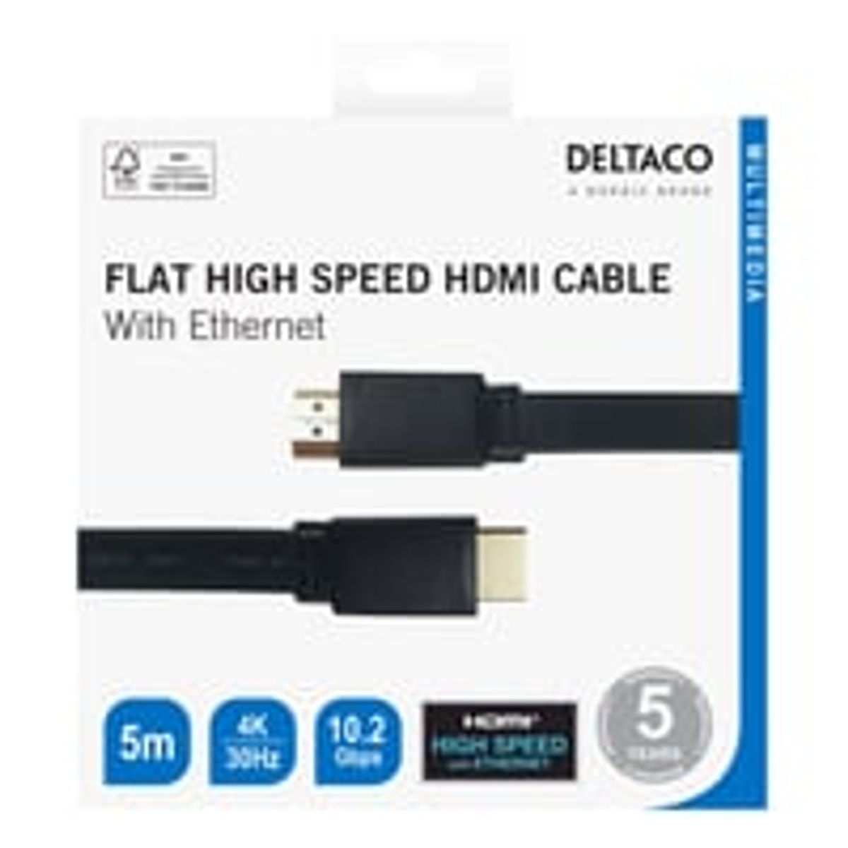 Deltaco Flat High Speed HDMI-kabel med Ethernet, 5m, sort