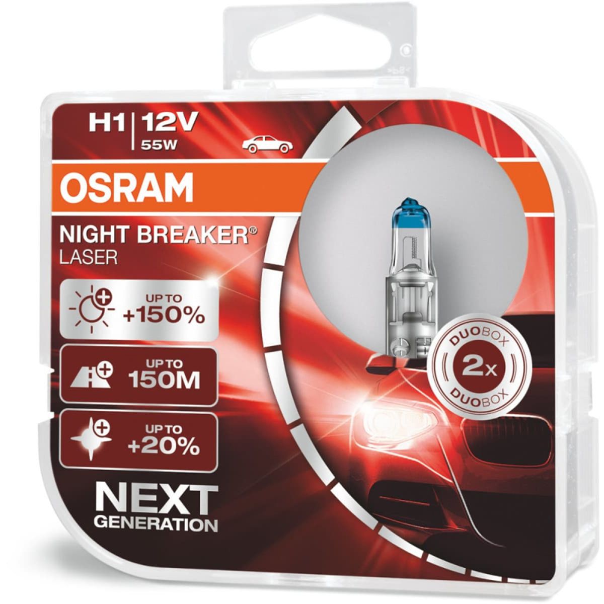 Osram Night Breaker Laser H1 pærer med +150% mere lys (2 stk) pakke