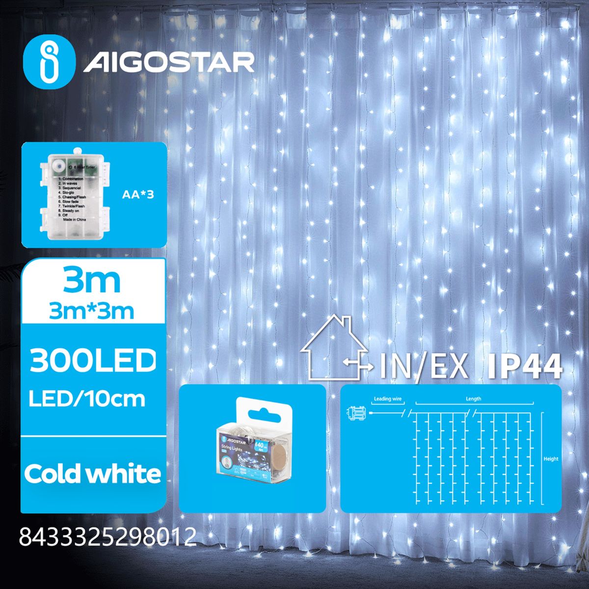 3AA Batteri-Driven Gardinlys - Kold Hvid, 3x3M, 300LED, 10 Strenge, Transparent Ledning, 8 Blink Modes + Timer, IP44