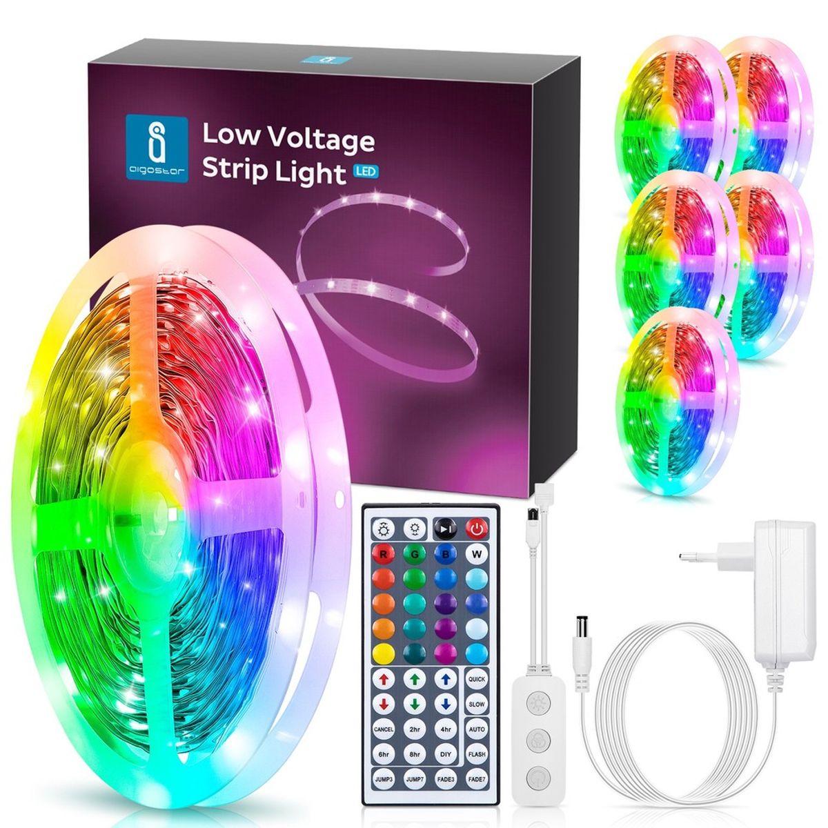 WB Smart LED RGB Strip Lys, 10m med 28-Knaps Kontrol & 3-Taste Styreboks, 24W - Kulør : RGB