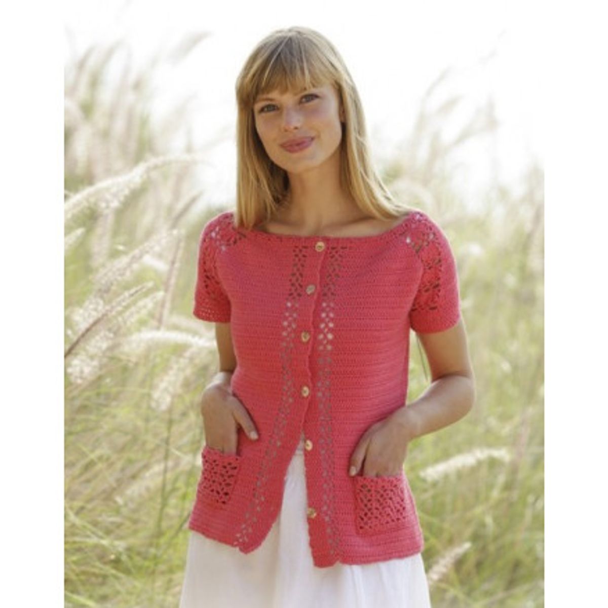 Warm Apricot Cardigan by DROPS Design - Jakke Hækleopskrift str. S - X - XX-Large