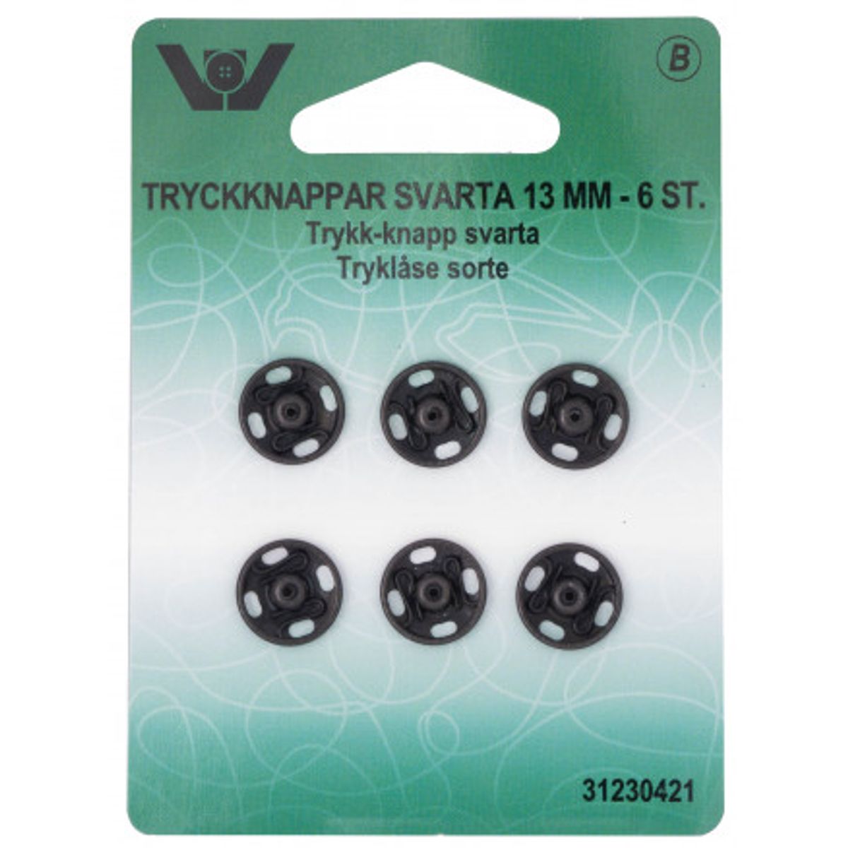 Tryklåse Sort 13 mm - 6 stk