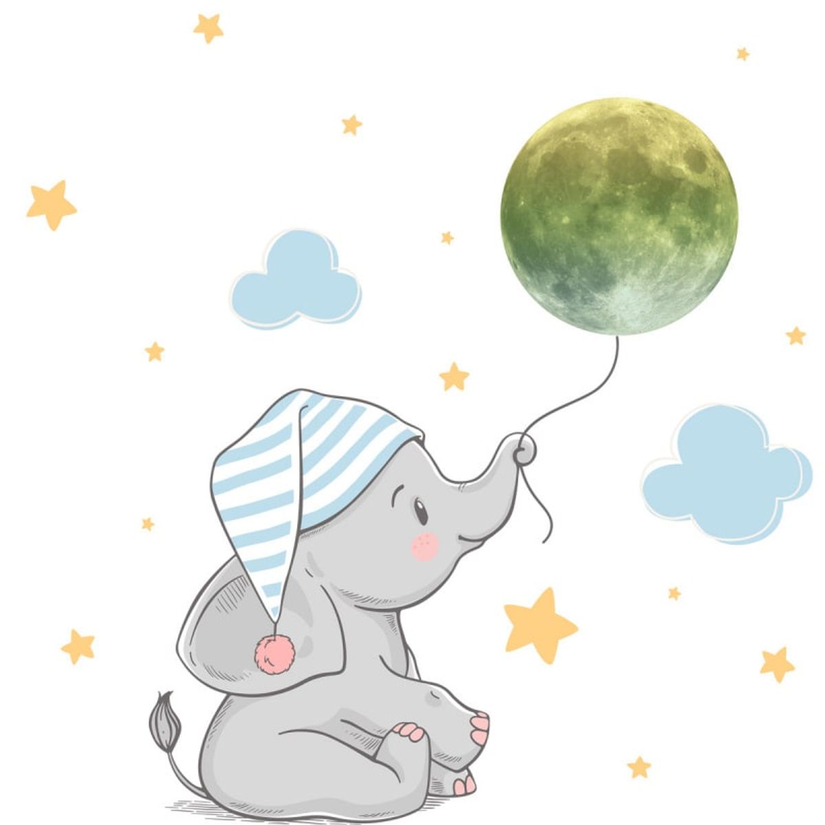 Sød selvlysende wallsticker med en lille elefant unge der holder månen i en snor. Lille. 18 stk.