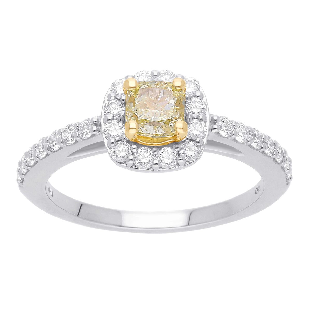 Fancy Yellow Cushion cut diamantring, 18 kt. guld eller Hvidguld, 0.88 ct diamanter - 52