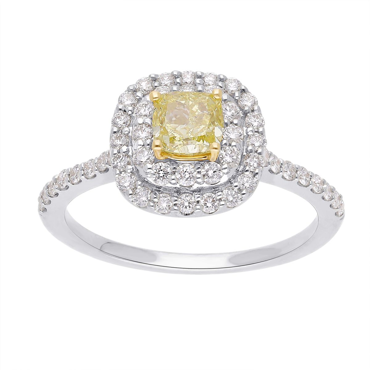 Eksklusiv diamantring, 18 kt. guld eller Hvidguld, med 0.46 ct Cushion cut Fancy Yellow diamant i alt 0.92 ct - 55