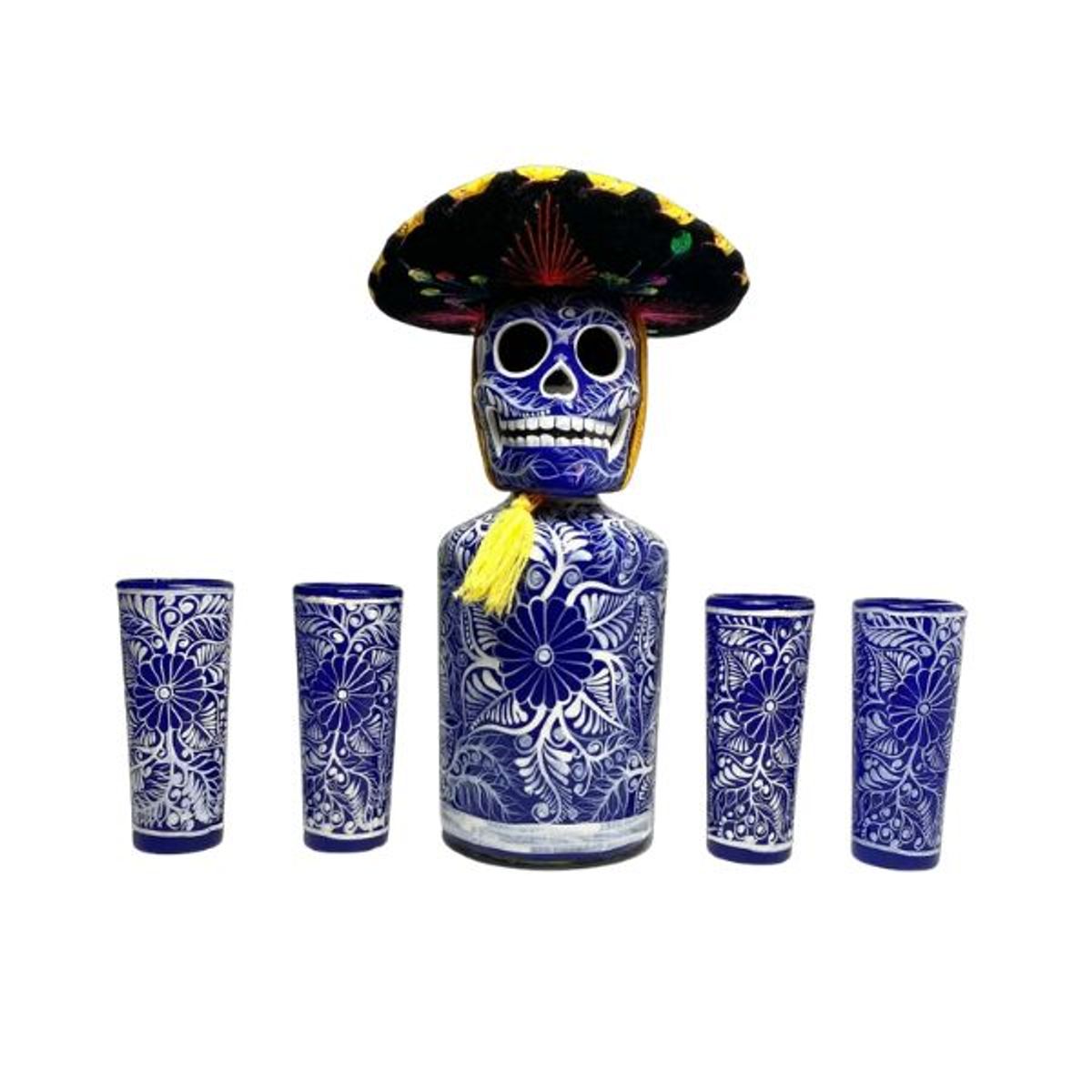 Mexskeletons Decanter & 4 Shot Glas Blå M. Sombrero